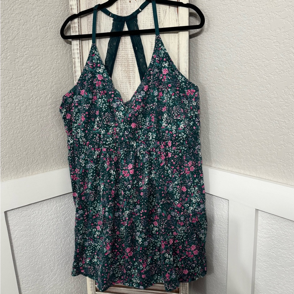 Cute!! Cacique Dark Teal/Green Floral Lace-Back Lounge Gown PJ Lingerie 26/28